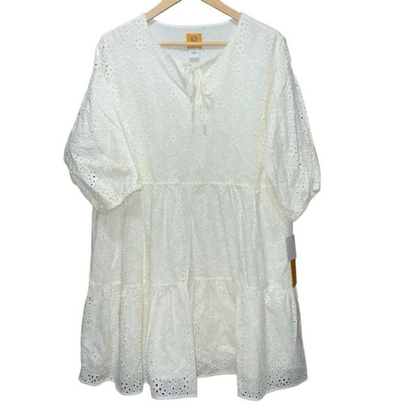 NWT Ruby Rd. Split Neck Eyelet Dress in cream cotton - L - Picture 1 of 8